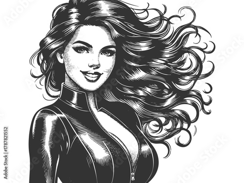 confident smiling woman with hands on hips and windblown hair sketch engraving generative ai fictional character vector illustration. Scratch board imitation. Black and white image.