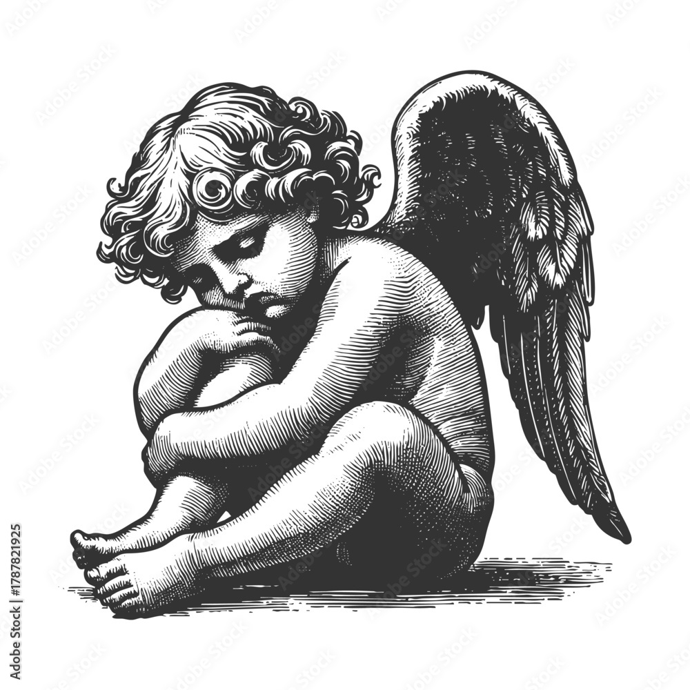 Obraz premium sorrowful cherub angel sitting with head bowed and wings folded sketch engraving generative ai fictional character vector illustration. Scratch board imitation. Black and white image.
