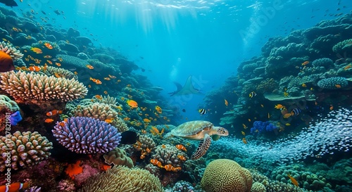 Fototapeta Naklejka Na Ścianę i Meble -  Vibrant coral reef ecosystem teeming with marine life in clear blue water.