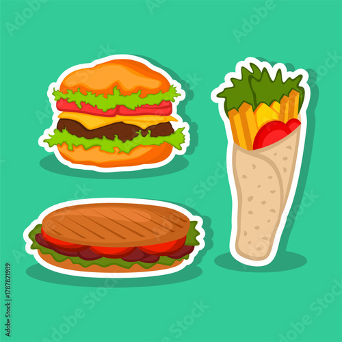 Tasty Food Set illustration with burger sandwich and wrap on a green background
