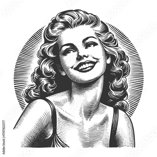 joyful woman with curly hair and radiant smile, evoking a classic mid-20th century aesthetic sketch engraving generative ai fictional character vector illustration. Scratch board. Black and white.