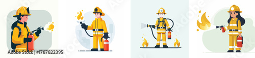 A firefighter holding a fire extinguisher to put out small flames, flat design, minimalistic, white background