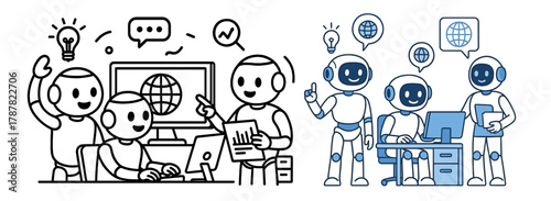 Set of friendly AI robots collaborating in office, teamwork with computer and laptop, charts, chat bubbles and globe icons, outline and blue vector collection for tech and business