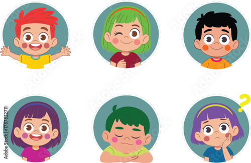 Cute cartoon kids avatar set, happy children facial expressions illustration, boy and girl emoji icons showing various emotions vector