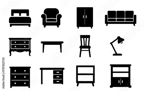 Set of black furniture silhouettes with bed sofa chair table desk lamp wardrobe dresser bookshelf and cabinet minimal vector icons for home interior and office