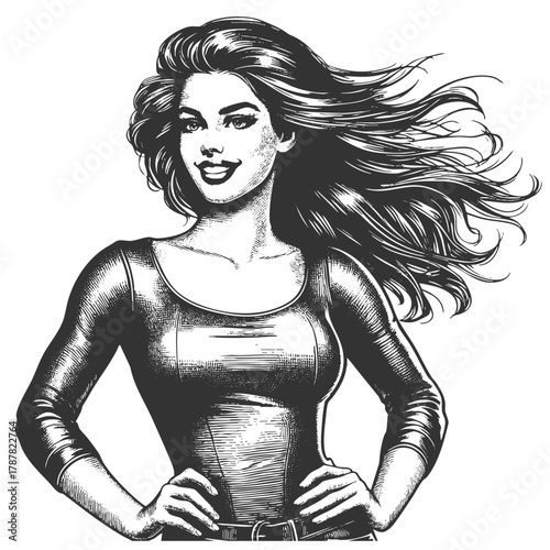 confident smiling woman with hands on hips and windblown hair sketch engraving generative ai fictional character vector illustration. Scratch board imitation. Black and white image.