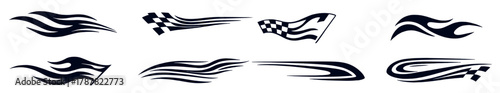 Set of racing flame shapes checkered flags and speed lines black vector collection for motorsport car decals automotive design and fast motion concepts
