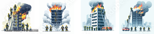 Firefighters rescuing people from a burning building using a ladder, emergency response scene, flat design, simple and minimalistic style, white background, clean vector illustration
