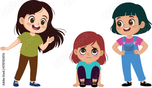 Cartoon illustration of three girls showing friendship and empathy, one comforting sad friend, emotional support, children kindness and compassion concept