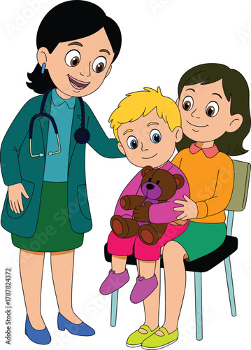 Cartoon illustration of female doctor examining little boy with his mother in clinic, pediatric checkup, healthcare consultation, medical visit scene