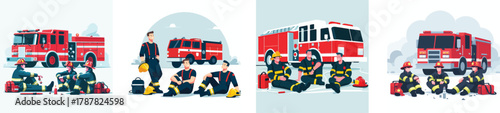 Firefighters taking a break after extinguishing a fire, sitting near the fire truck, flat design, simple and minimal, white background