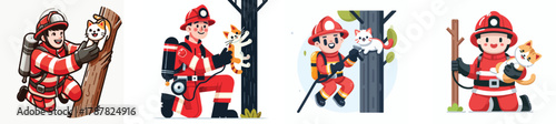A firefighter rescuing a cat from a tree, smiling expression, flat design, minimalistic, white background