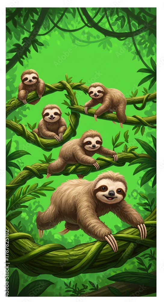 Naklejka premium Cute Cartoon Sloths In Lush Green Jungle Fun and Playful Design