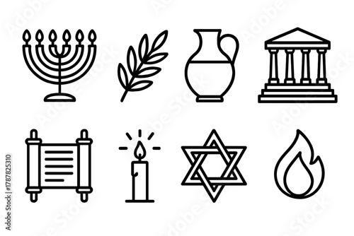 Hanukkah Icons in Black. Ancient Hanukkah Rituals outline icon set: menorah, olive branch, oil jar, temple steps, scroll, candlelight, star, flame.