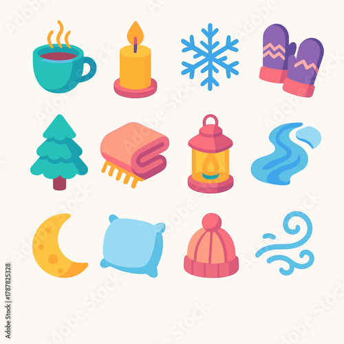 Cozy Winter Icons. Peaceful Chill modern flat icon set: steaming cup, candle flame, snowflake, wool mittens, frosty pine, cozy blanket, lantern, frozen stream, glowing moon, soft
