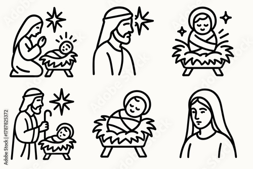 Nativity Icons. Sacred Birth outline icon set: Mary figure, Joseph figure, baby Jesus, glowing star, hay bed, gentle light.
