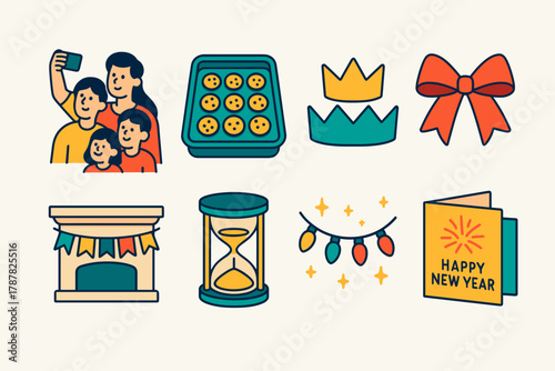 New Year Icons. New Year Family Celebration modern flat icon set: family selfie, cookie tray, paper crowns, ribbon bow, mantel garland, hourglass timer, twinkling fairy lights,