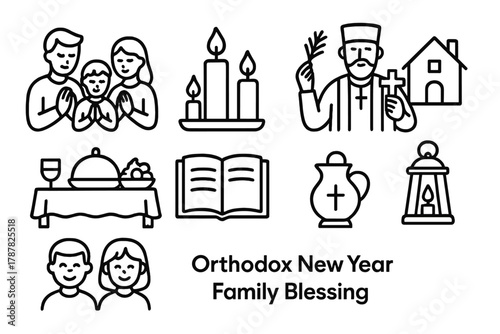 Family New Year Blessing. Orthodox New Year Family Blessing outline icon set: family praying together, lit candles, priest blessing home, festive table, open scripture, warm