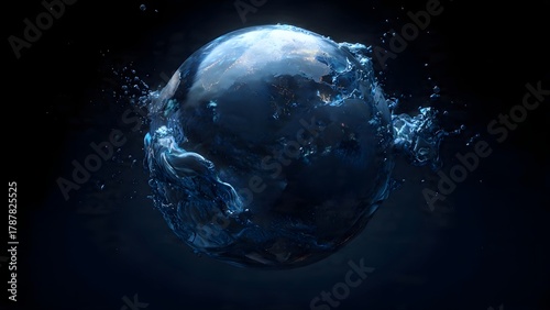 Digital 3D rendering of the Earth surrounded by dynamic, dark blue water splashes, symbolizing global resource issues, technology, environment, and conservation.