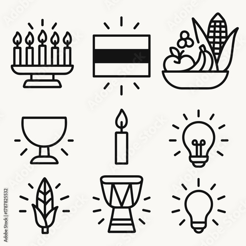 Kwanzaa Symbols Illustration. Kwanzaa Values outline icon set: kinara glow, flag colors, fruit bowl, corn stalk, unity cup, candle, drum, light.