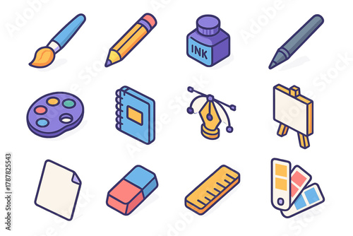 Art Tools Icons. Custom Illustrations modern flat icon set: paintbrush, pencil, ink bottle, tablet stylus, color palette, sketchbook, vector pen tool, canvas, paper sheet, eraser,