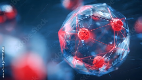 A futuristic 3D rendering of a geometric crystalline cell structure with a glowing red nucleus, symbolizing molecular research, biotechnology, or data security.