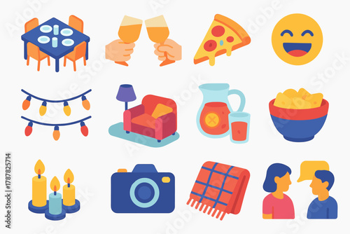 Cozy Friends Gathering Icons. Friends Gathering modern flat icon set: dinner table, toast, pizza slice, laughter emoji, fairy lights, cozy setting, drink pitcher, snack bowl,