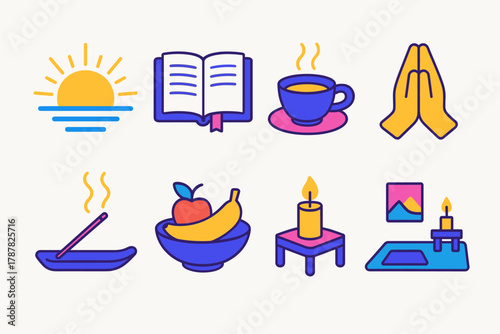 New Year Ritual Icons. New Year Year-Opening Rituals modern flat icon set: glowing sunrise, reflection journal, tea cup, folded hands, incense smoke, fruit offering, candle on