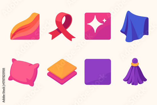 Velvet Satin Icons. Velvet & Satin Textures modern flat icon set: satin fold, velvet ribbon, shimmer highlight, draped cloth, pillow corner, fabric layer, smooth texture, tassel