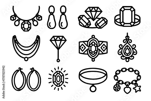 Statement Jewelry Icons. Statement Jewelry outline icon set: gem necklace, pearl earrings, crystal bracelet, cocktail ring, chain layers, diamond pin, jeweled cuff, ornate pendant,