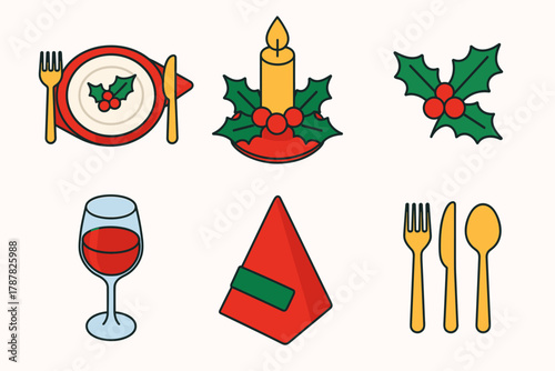 Festive Table Icon Set. Christmas Holiday Table modern flat icon set: festive plates, candle centerpiece, holly sprig, wine glass, napkin, cutlery.