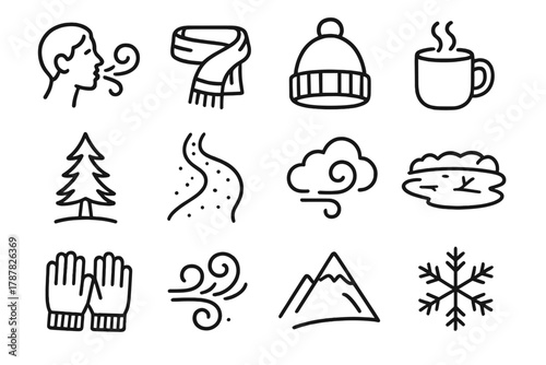 Winter Icons Delight. Breath in the Cold Air outline icon set: frosty breath, wool scarf, winter hat, steaming mug, pine tree, snowy path, cloud of vapor, frozen lake, wool gloves,