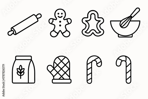 Christmas Baking Icons. Christmas Baking Together outline icon set: rolling pin, gingerbread man, cookie cutter, mixing bowl, whisk, flour bag, oven mitt, candy cane.