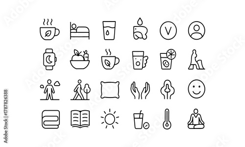 Collection of hand drawn icons representing daily routines and activities