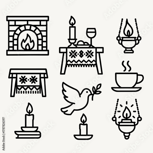 Cozy Holiday Hearth. Orthodox New Year Hearth outline icon set: warm fireplace, candlelight dinner, embroidered cloth, icon lamp, steaming tea, wooden table, dove of peace, gentle