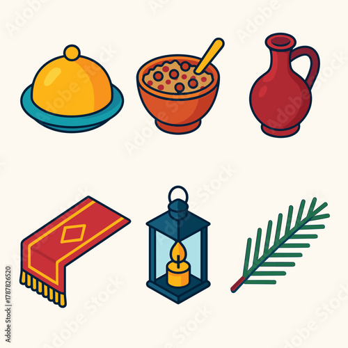 Orthodox Christmas Icons. Orthodox Christmas Family Table modern flat icon set: serving dish, kutia bowl, wine jug, table runner, candle lantern, sprig of pine.