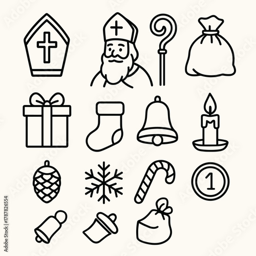 St. Nicholas Icon Set. St. Nicholas Gift Giving outline icon set: bishop hat, red cloak, golden staff, gift bag, wrapped gift, stocking, bell, candle, pinecone, snowflake, candy