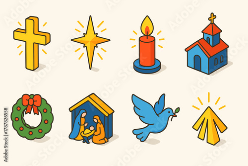 Holy Christmas Icons. Holy Christmas Moments modern flat icon set: glowing cross, radiant star, candle flame, church, wreath, nativity, dove, light rays.