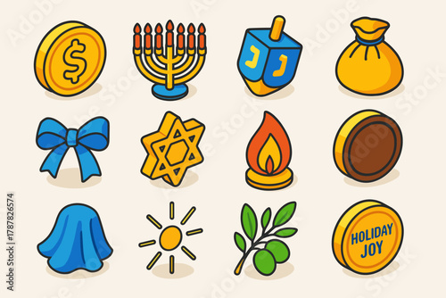Festival of Lights Icons. Festival of Lights Coins modern flat icon set: golden gelt, menorah candles, dreidel, pouch, ribbon bow, star, flame, chocolate coin, blue cloth, light