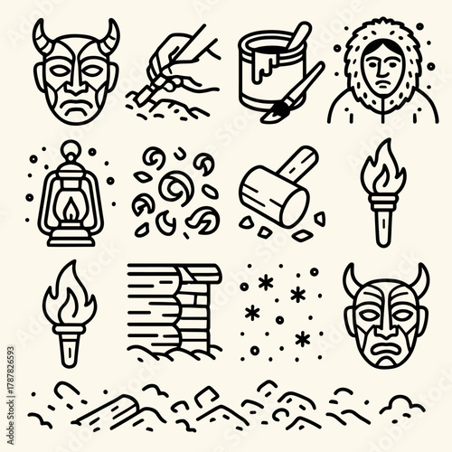 Mask Crafting Icons. Traditional Mask Crafting outline icon set: wooden carving, horn detail, paint pot, brush, sculptor’s hand, fur hood, lantern glow, wood chips, mallet, torch