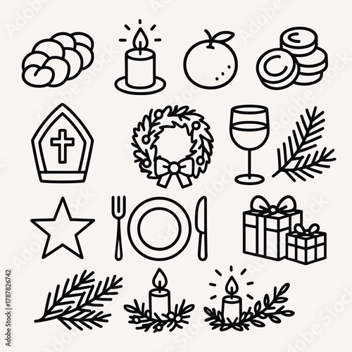 St. Nicholas Feast Icons. St. Nicholas Feast Table outline icon set: festive bread, candlelight, oranges, coins, bishop hat, wine glass, wreath centerpiece, pine branches, star,