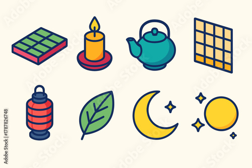 Japanese Tranquility Icons. Japanese Tranquility modern flat icon set: tatami mat, candle, teapot, paper screen, lantern, leaf, moon, gentle glow.