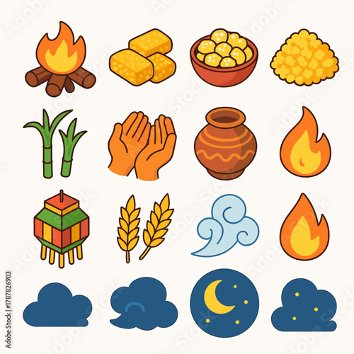 Lohri Festival Icons. Lohri Fire Worship modern flat icon set: blazing logs, sesame sweets, rewari bowl, popcorn heap, sugarcane stalks, holy hands offering, clay pot, glowing