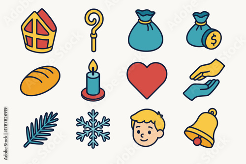 St. Nicholas Icon Set. St. Nicholas Good Deeds modern flat icon set: bishop hat, golden staff, gift sack, coin bag, bread, candlelight, heart icon, helping hand, pine branch,