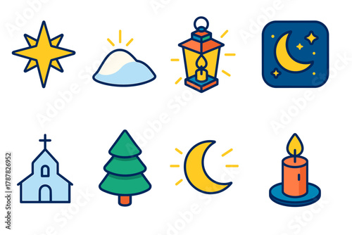 Christmas Icon Set. Christmas Heavenly Lights modern flat icon set: star of Bethlehem, snow hill, glowing lantern, holy night sky, church outline, pine tree, shining moon,