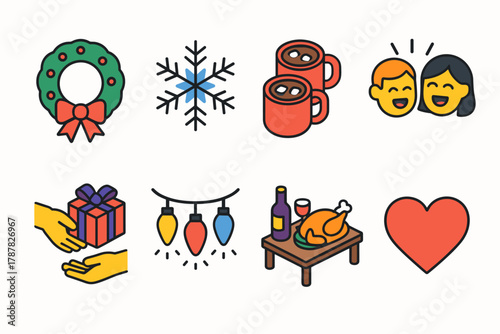 Festive Holiday Icons. Holiday Family Moments modern flat icon set: wreath, snowflake, cocoa mugs, laughter, gift exchange, glowing lights, table feast, heart.