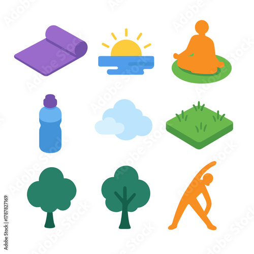 Outdoor Yoga Icons. Outdoor Yoga Sessions modern flat icon set: yoga mat, sunrise horizon, meditating figure, grassy field, water bottle, calm sky, tree silhouette, stretching pose