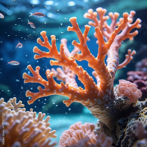 Vibrant coral reef teeming with life and small fish
