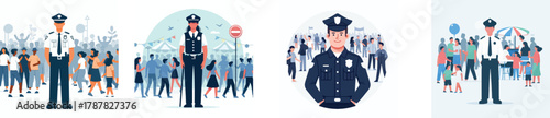 A police officer standing guard at a public event, flat design, simple and minimalistic style, white background