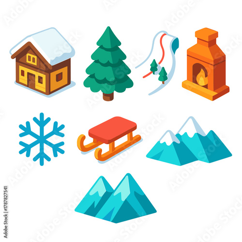 Alpine Village Icons. Alpine Village Escape modern flat icon set: wooden chalet, snow-covered roof, pine tree, ski slope, fireplace, snowflake, sled, mountain backdrop.